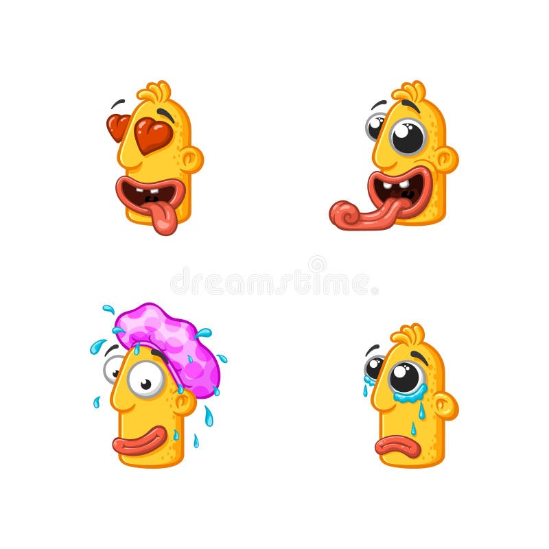 Set of special funny cartoon stickers character head, yellow color, with large lips and eyes in a vector on a white background stock illustration