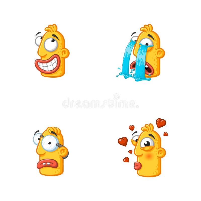 Set of special funny cartoon stickers character head, yellow color, with large lips and eyes in a vector on a white background vector illustration