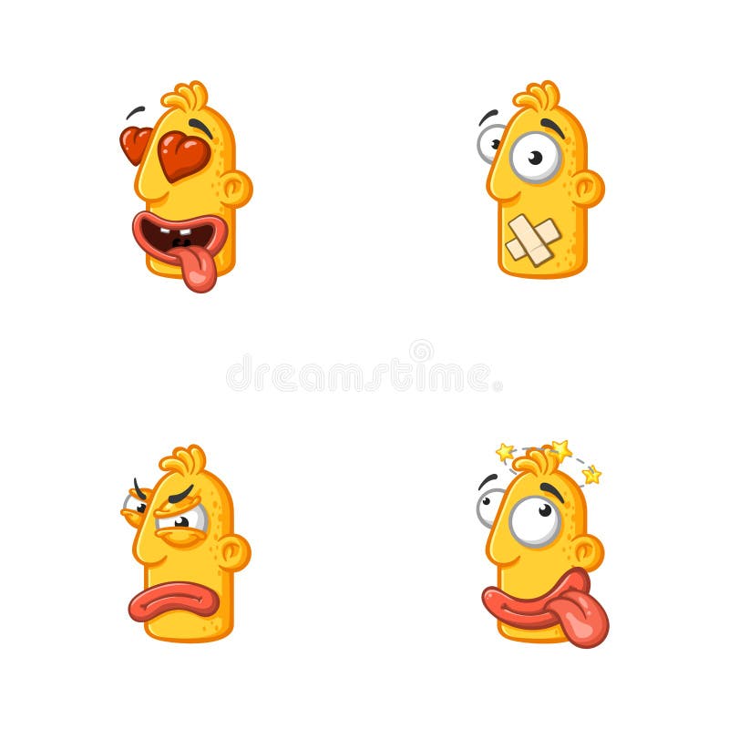 Set of special funny cartoon stickers character head, yellow color, with large lips and eyes in a vector on a white background royalty free illustration