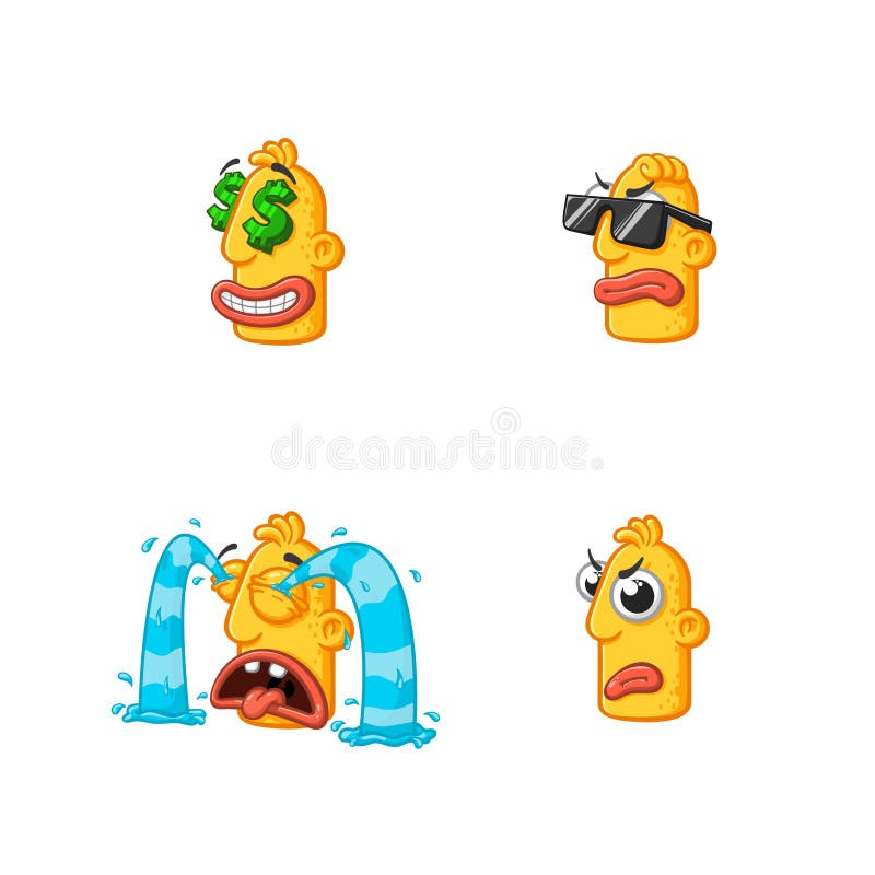 Set of special funny cartoon stickers character head, yellow color, with large lips and eyes in a vector on a white background royalty free illustration