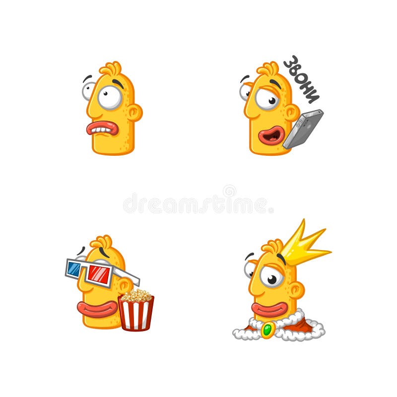 Set of special funny cartoon stickers character head, yellow color, with large lips and eyes in a vector on a white background vector illustration