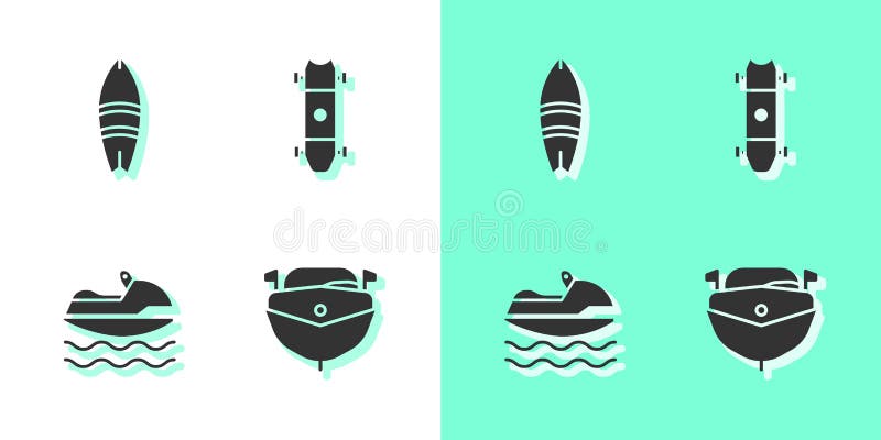 Set Speedboat, Surfboard, Jet Ski and Longboard or Skateboard Icon