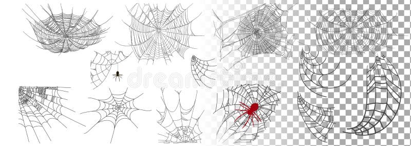 Set of different spiderwebs isolated on transparent background, easy to print. Halloween set with web. Vector Illustration