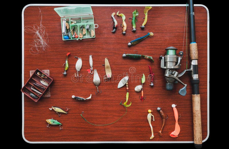 Set of Artificial Baits for Pike Fishing Lies on Table Stock Image