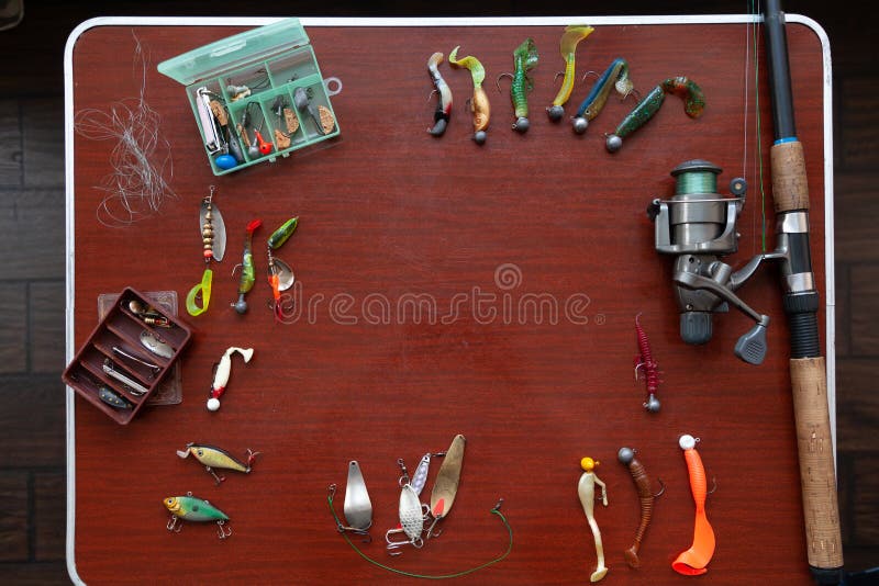 Set of Artificial Baits for Pike Fishing Lies on Table Stock Image