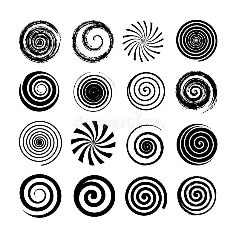 Set of spiral and swirl motion elements. Black isolated objects, icons, different brush textures, vector illustrations. Set of spiral and swirl motion elements. Black isolated objects, icons, different brush textures, vector illustrations.