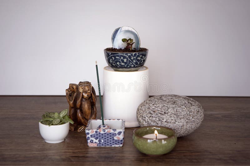 Home Altar. Spiritual Decor Arrangement with Burning Candle, Incense  Sticks, Stone and Fresh Plants. Spirituality at Home Concept. Stock Image -  Image of buddhism, decoration: 171599165