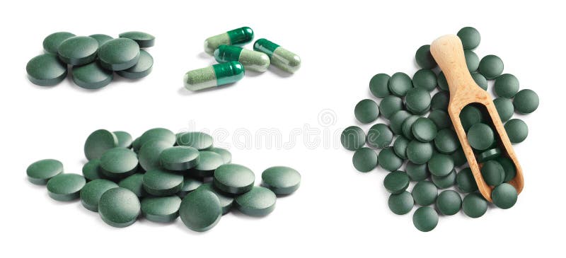 Set of spirulina pills and capsules on white. Super food