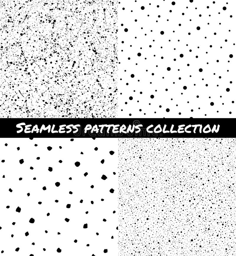 Set of splash, spray, specks, dots seamless patterns stock illustration