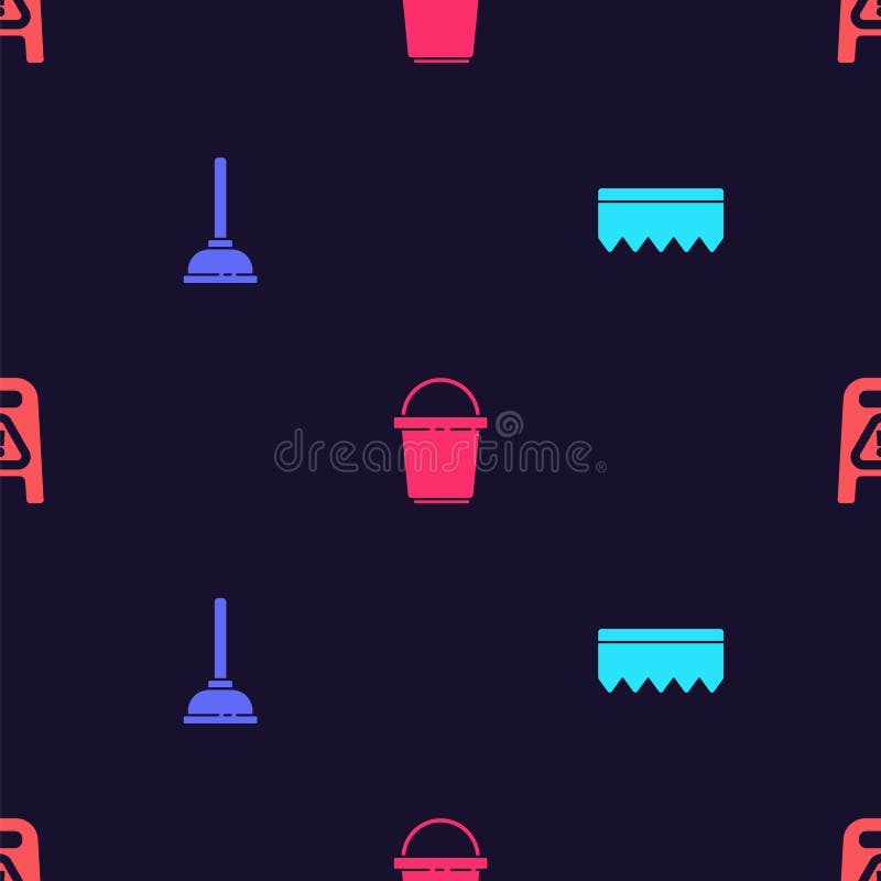 Set Sponge with Bubbles, Rubber Plunger, Bucket and Wet Floor and Cleaning in Progress on