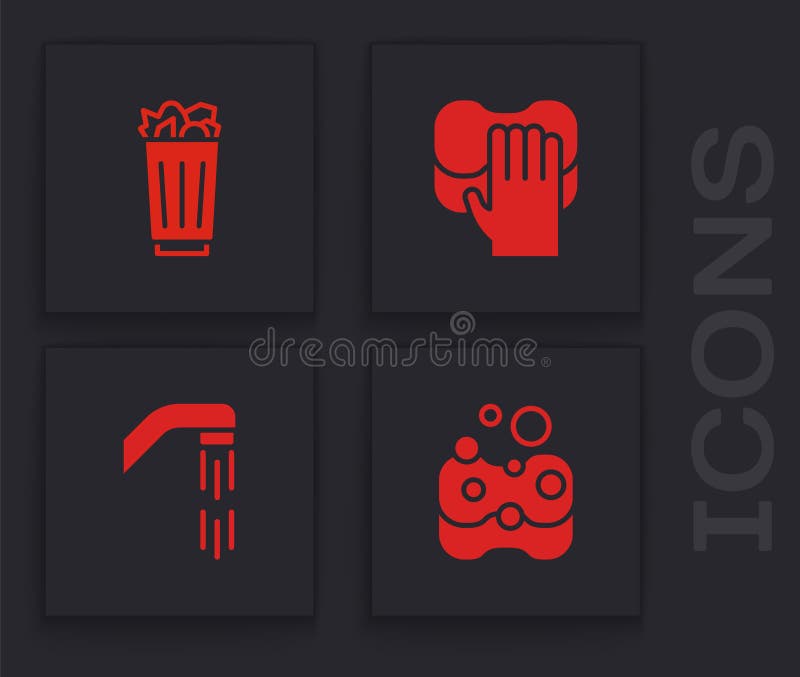 Set Sponge, Full Trash Can, Cleaning Service and Shower Head Icon