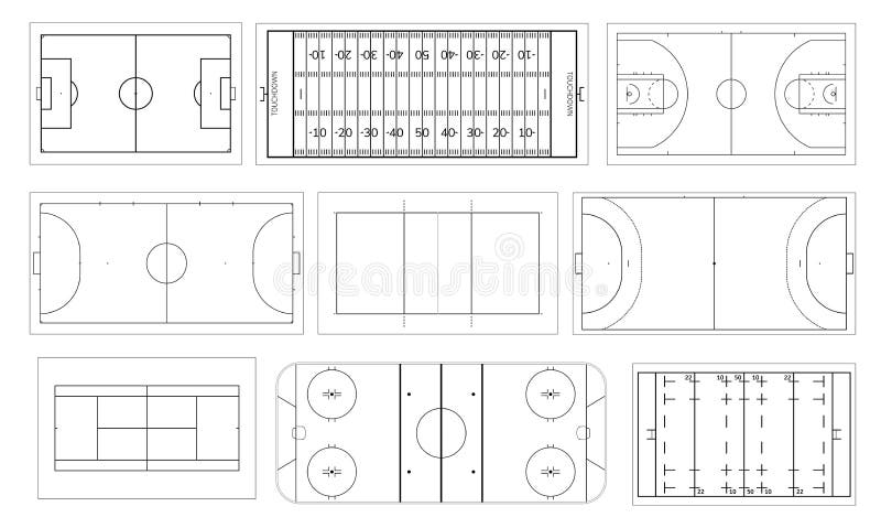Set sporta pole Handball, boisko do koszykówki, futbol i boisko do piłki nożnej, hokeja na lodzie lodowisko Siatkówka mini, futsa ilustracji Set sporta pole Handball, boisko do koszykówki, futbol i boisko do piłki nożnej, hokeja na lodzie lodowisko Siatkówka mini, futsa ilustracji