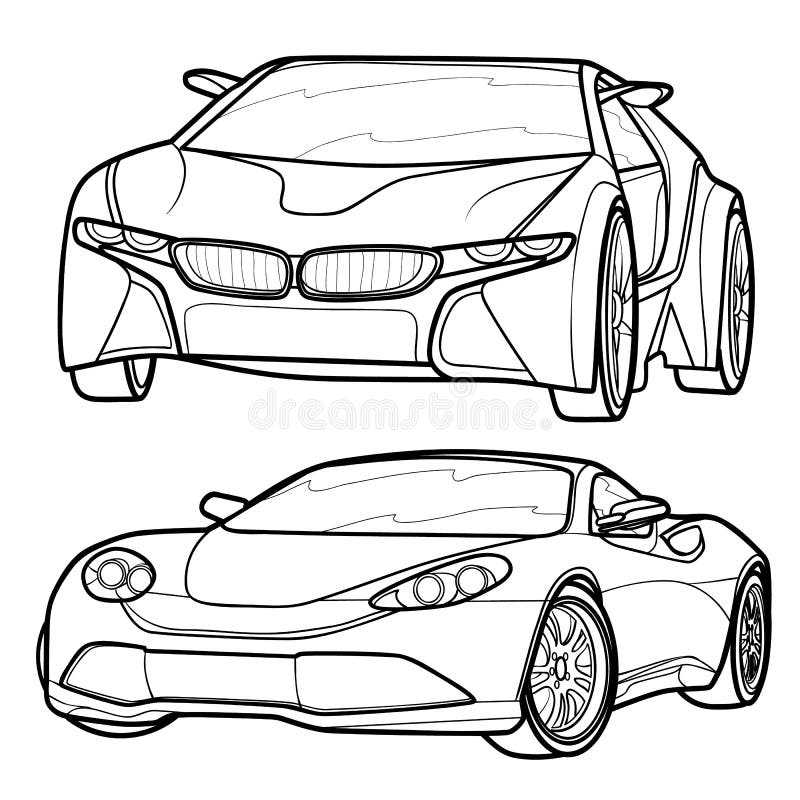 Set of Sports Car Sketches, Coloring Book, Isolated Object on White