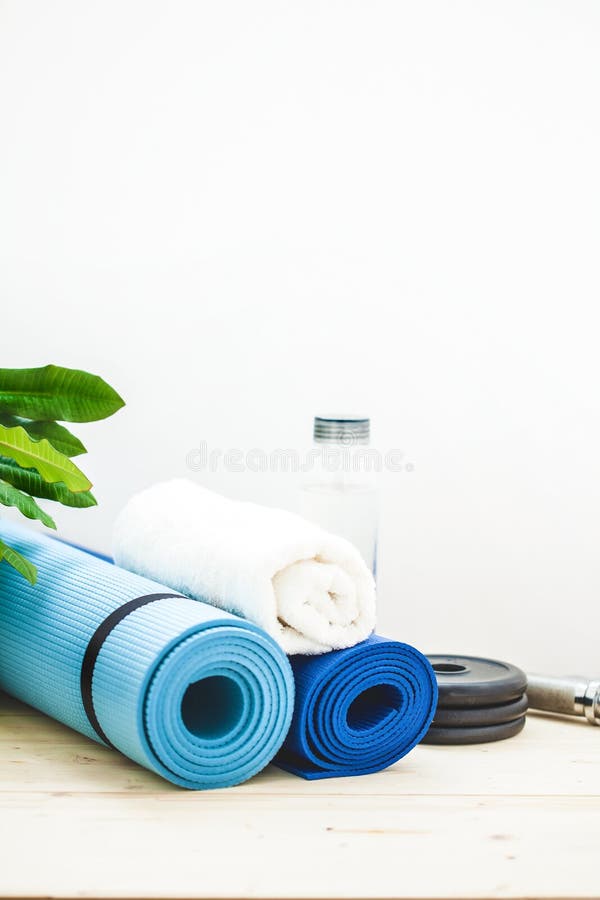 Set for Sports, a Yoga Mat, a Towel, a Bottle of Water on a Light  Background. the Concept of a Healthy Lifestyle. Copy Space Stock Image -  Image of green, closeup: 119975443