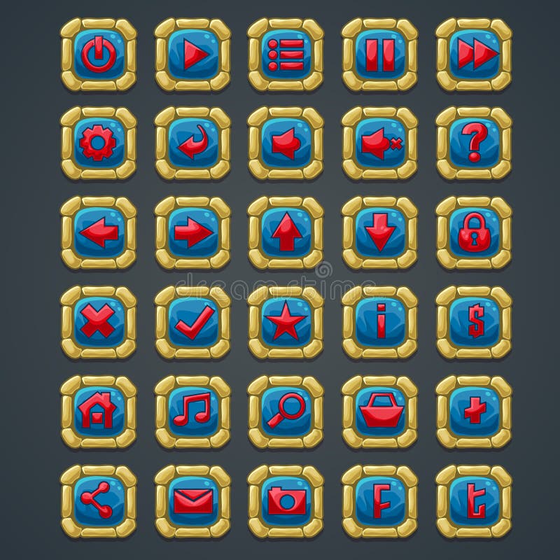 Set of square buttons with stone elements and symbols for web interface and computer games royalty free illustration Set of square buttons with stone elements and symbols for web interface and computer games royalty free illustration