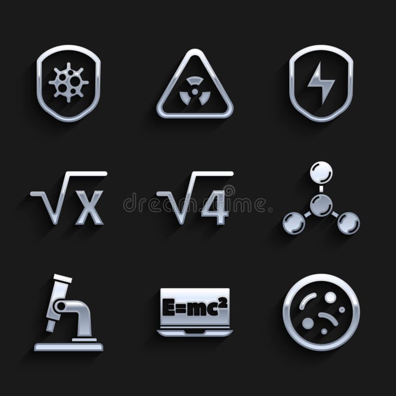 Set Square root of 4 glyph, Equation solution, Bacteria, Molecule, Microscope, x, Secure shield with lightning and vector illustration
