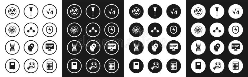Set Square root of 4 glyph, Molecule, Atom, Radioactive, Secure shield with lightning, Test tube and flask, Equation vector illustration