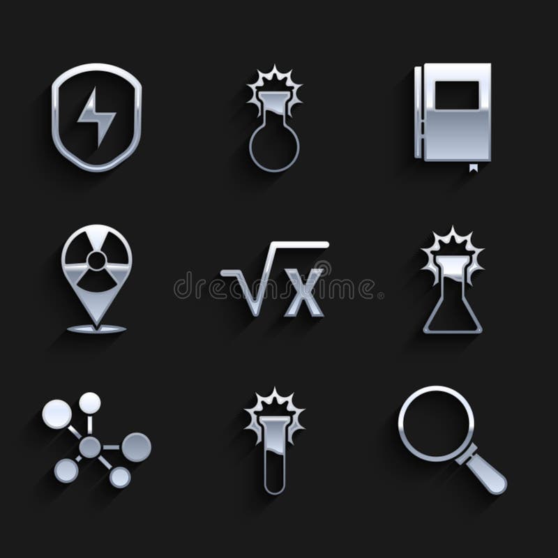 Set Square root of x glyph, Test tube and flask, Magnifying glass, Molecule, Radioactive location, Book and Secure royalty free illustration