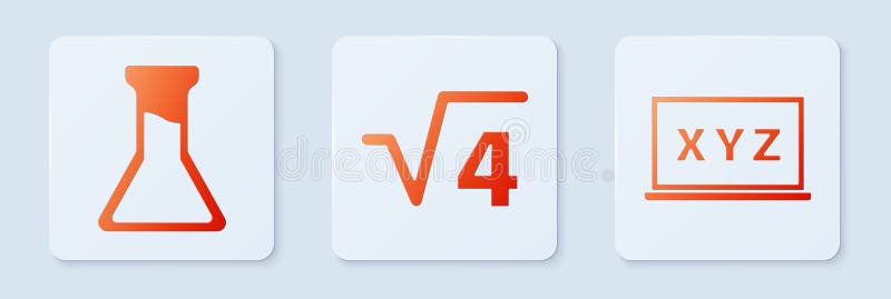 Set Square root of 4 glyph, Test tube and flask and XYZ Coordinate system. White square button. Vector vector illustration