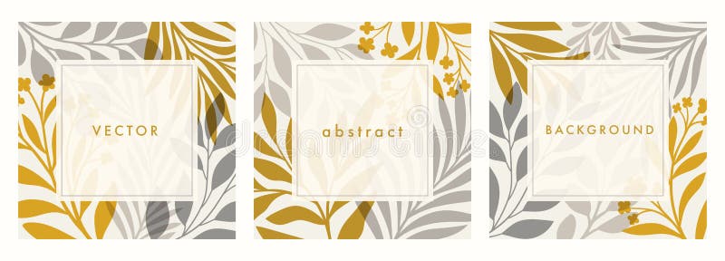 Set of square template with botanical elements. Modern vector floral illustration for print design, social media post, web ads. stock illustration