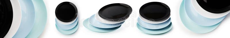 Set of stack of flat empty plates of different colors isolated on white background. Top and side view stock photo
