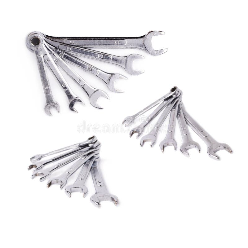 Set of stack of wrenchs metal instruments isolated over white background stock images
