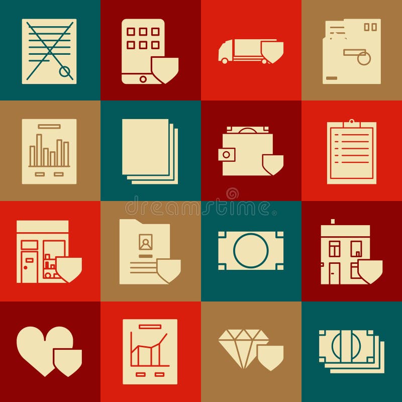 Set Stacks paper money cash, House with shield, Clipboard checklist, Delivery cargo truck, Clean, Document graph chart vector illustration