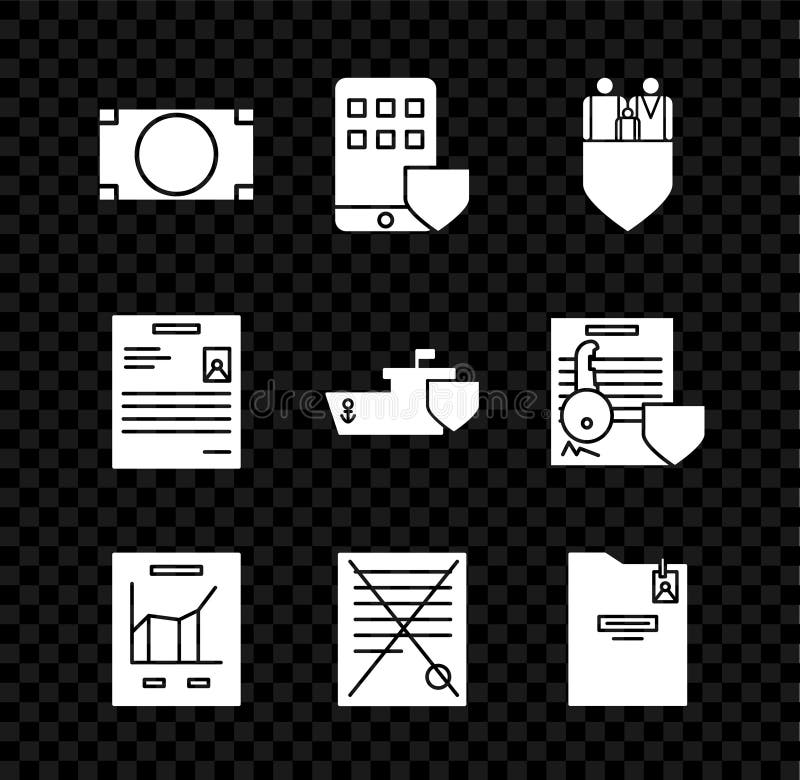 Set Stacks paper money cash, Smartphone insurance, Family with shield, Document graph chart, Delete file document vector illustration