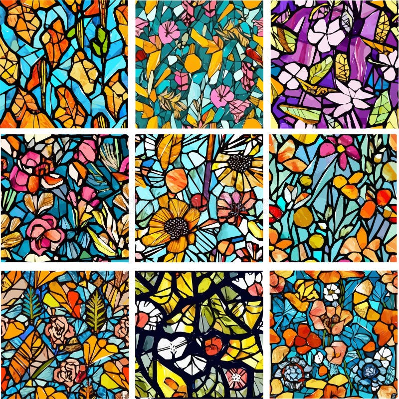 Set of Stained Glass Patterns with Flowers and Leaves. Colorful Vector