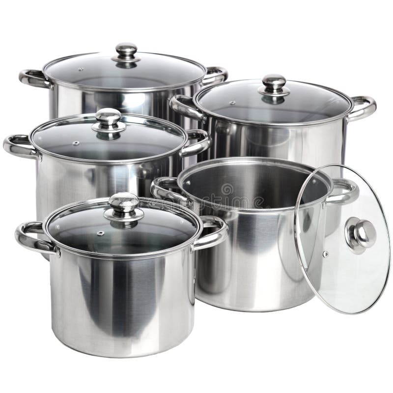 Set of 4 Stainless Pots with Glass Lids Isolated on White Stock Photo