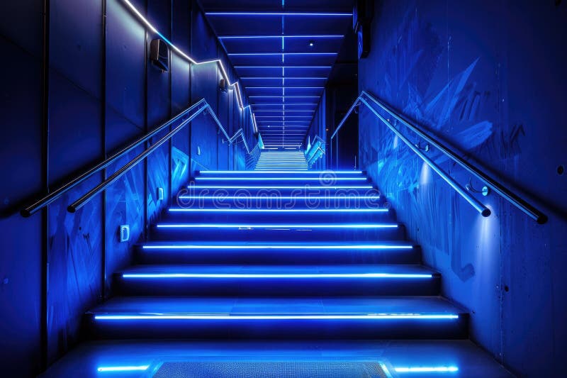 A set of stairs with blue lights inside a modern building royalty free stock photography