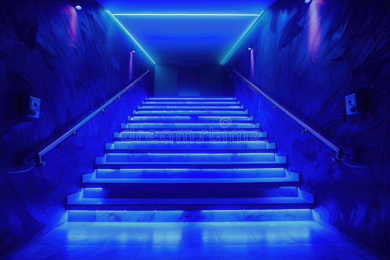 A set of stairs lit by blue lights in a modern building royalty free stock images