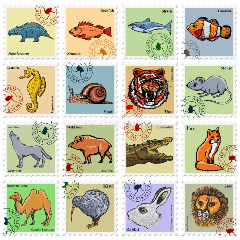 Set of stamps with different animals