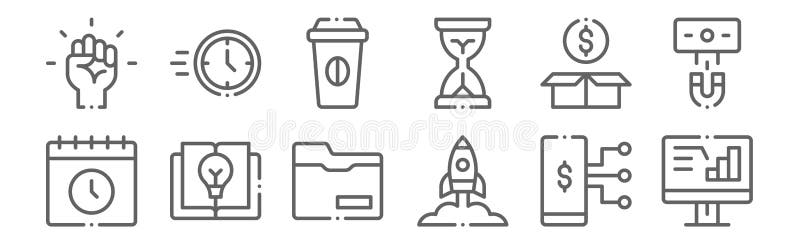 Set of 12 startups icons. outline thin line icons such as data analysis, startup, marketing, package, coffee, time royalty free illustration