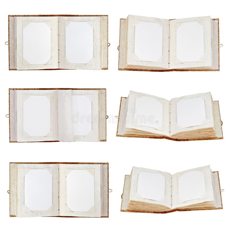Set starzy otwarci albumy fotograficzni odizolowywający na białym tle. obrazy stock Set starzy otwarci albumy fotograficzni odizolowywający na białym tle. obrazy stock