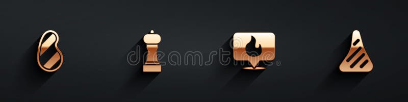 Set Steak meat, Pepper, Location with fire flame and icon with long shadow. Vector stock illustration