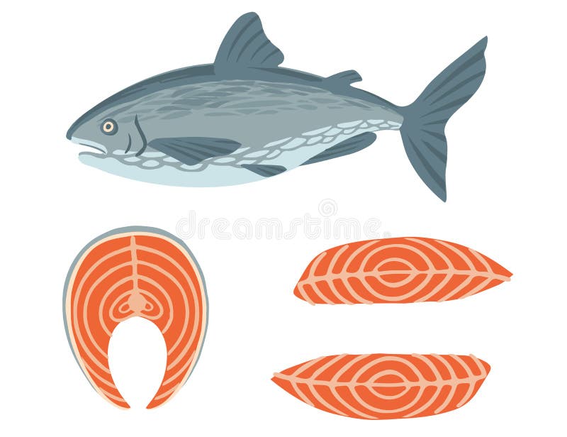 Set of Steak and Whole Salmon Red Meat Fish Flat Vector Illustration