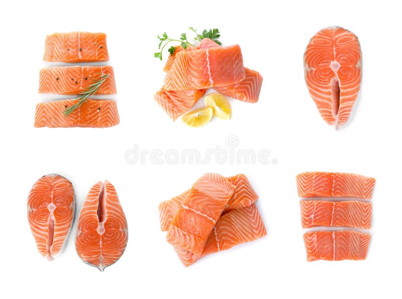 Set with steaks of fresh raw salmon on background, top view. Fish delicacy stock image