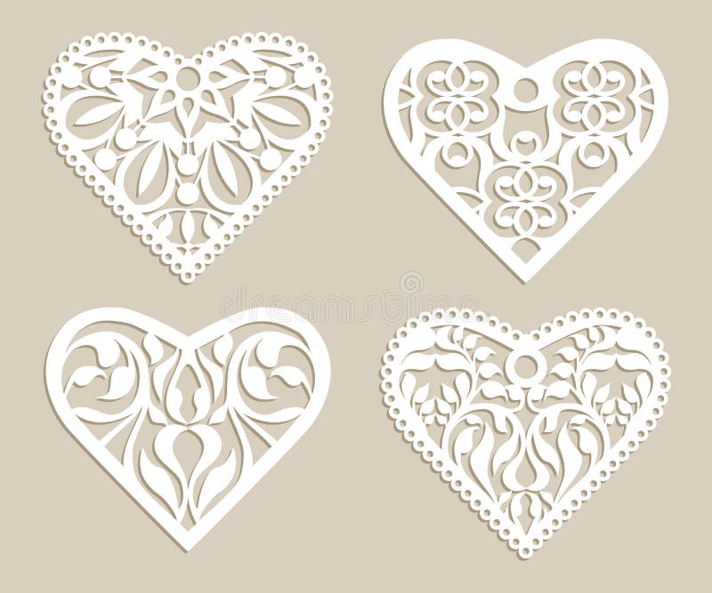 Set stencil lacy hearts with openwork pattern vector illustration