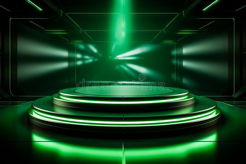 Set of Steps in Dark Room with Green Lights. Generative AI Stock