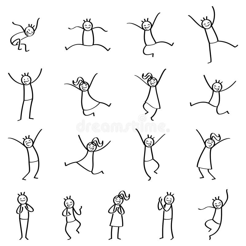 Set of stick figures, stick people jumping, happy men and women smiling and laughing