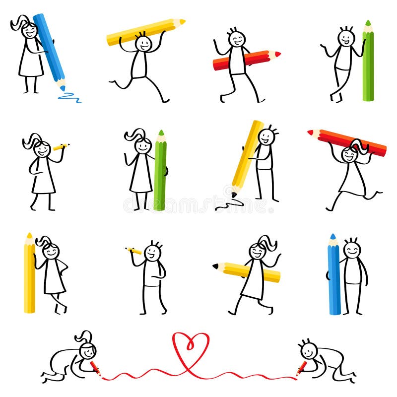 Set of stick figures, stick people writing, holding pencils and crayons, men and women smiling and laughing