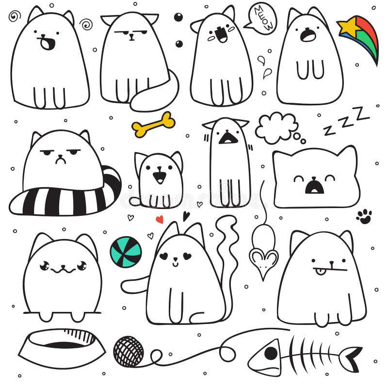 Set of 11 sticker doodle cats with different emotions. Cat handmade. cat for design. Sleeping cat. Surprised cat. Fish and mouse. The ball and the ball of yarn. Love cat. Speech bubble. Set of 11 sticker doodle cats with different emotions. Cat handmade. cat for design. Sleeping cat. Surprised cat. Fish and mouse. The ball and the ball of yarn. Love cat. Speech bubble
