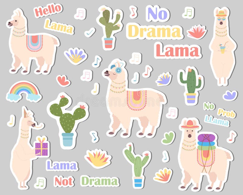 A set of stickers cute cartoon llamas, cacti, rainbow. Stickers for cutting, vector stock illustration
