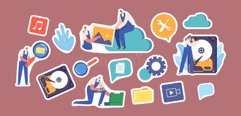 Set of Stickers Data Recovery, Backup and Protection, Hardware Repair Service. Characters in Worker Uniform Fix Files royalty free illustration