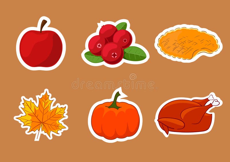 Set of stickers for Happy Thanksgiving Day. Badge, icon, template an apple, cranberries, pumpkin pie, leaf, turkey.