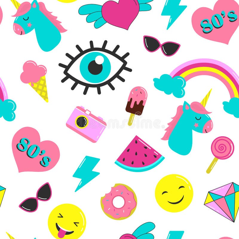 Set of stickers 80`s in the style of comics. Seamless pattern stock illustration Set of stickers 80`s in the style of comics. Seamless pattern stock illustration