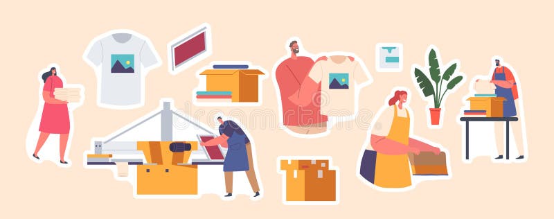 Set of Stickers Silk Screen Printing Workers with Professional Tools as Mesh Stencil Frame, Squeegee, Mechanical Printer stock illustration