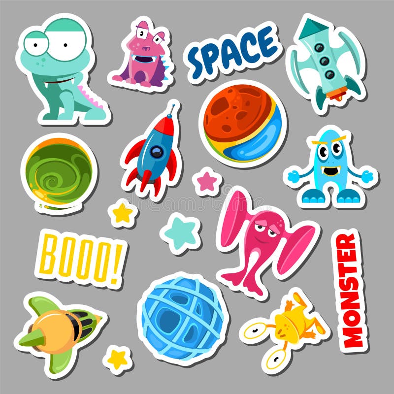 Set of stickers with space objects and monsters. Cartoon vector illustration for children royalty free illustration Set of stickers with space objects and monsters. Cartoon vector illustration for children royalty free illustration