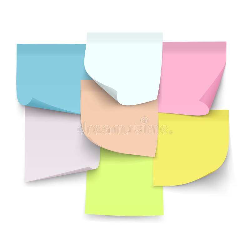 Set of sticky color notes. Sheets of paper with curled corners